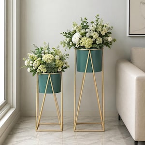 Juego de 2 soportes para plantas con macetas / Juego de soportes para macetas de interior (grande y pequeño) / Soporte dorado para macetas para la decoración del hogar, sala de estar, balcón y oficina.