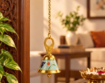 Sky Blue Enamel Hanging Bell with Chain | Floral Meenakari Style Gold Tone Temple Bell for Mandir and Door | Pooja Room Decor | Diwali Gift