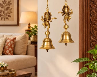 Brass Ganesha Hanging Bell Set | Dancing Ganesha Temple Bells with Chain | Pooja Room Decor | Door Hanging Bell | Housewarming Diwali Gift
