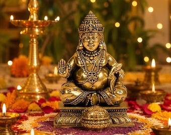 Ídolo de Kuber em Latão | Estátua do Senhor Kuber com Coroa Ornamentada e Detalhes Tradicionais | Murti da Divindade da Riqueza para Sala de Pooja, Decoração de Casa e Presente