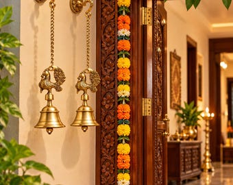 Brass Peacock Hanging Bell Set of 2 | Temple Bells with Chain & Hook | Puja Room Mandir Decor | Door Hanging Bell | Housewarming Diwali Gift