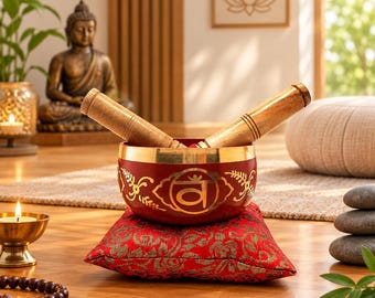 Tigela Tibetana Laranja com Baqueta de Madeira | Tigela Sonora para Meditação e Atenção Plena | Decoração para Bem-Estar dos Chakras | Presente para Relaxamento Espiritual