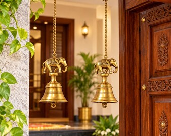 Brass Elephant Hanging Bell with Chain & Hook | Temple Bell 25 Inch | Pooja Room Mandir Decor | Door Hanging Bell | Housewarming Diwali Gift