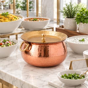 Copper Serving Pot with Lid | Hammered Copper Cooking Handi with Handles | Large Decorative Pot for Kitchen, Dining, Serving & Gifting