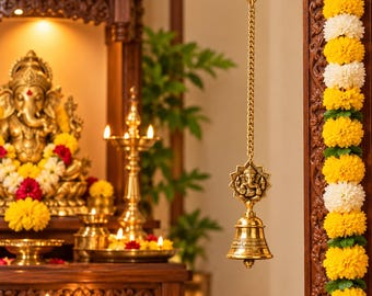 Brass Ganesha Hanging Bell with Chain & Hook | Temple Bell with Engraved Ganesha Plaque | Pooja Room Mandir Decor | Housewarming Diwali Gift