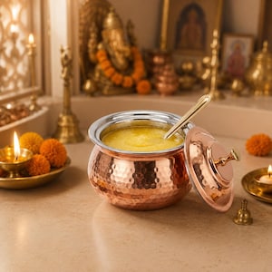 Puede incluir: Un cuenco de servicio de cobre martillado con interior de acero inoxidable, lleno de ghee amarillo. El cuenco cuenta con una tapa de cobre a juego colocada a un lado y una cuchara de metal de mango largo dentro del recipiente.