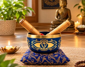 Tigela Tibetana com Almofada e Baquetas | Tigela Sonora para Meditação, Yoga e Atenção Plena | Decoração para Cura dos Chakras | Presente para Bem-Estar Espiritual