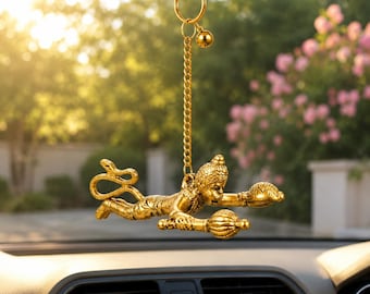 Flying Hanuman Car Hanging | Hanuman Ji Rearview Mirror Decor with Bell | Golden Spiritual Hanging for Car Dashboard, Window, Home & Gifting