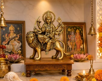 Ídolo de Durga Mata com Leão | Estátua decorativa da Deusa em pedestal ornamentado com suportes para diya | Decoração para templo, sala de oração, casa e presente