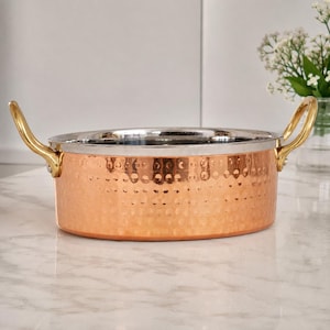 Steel Copper Sauce Pot with Brass Handle | Hammered Serving Bowl for Cooking & Serving | Copper Steel Kitchen Pot | Tabletop Cookware
