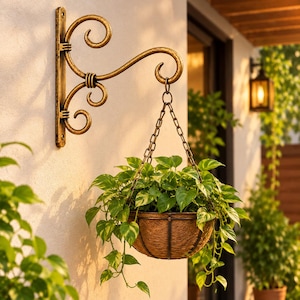 Puede incluir: Un soporte de pared de metal dorado con volutas ornamentales sostiene una maceta colgante. La maceta en forma de cuenco está hecha de fibra de coco marrón y cuelga de una cadena de metal, conteniendo una planta verde con follaje variegado.