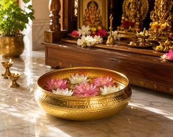 Decorative Urli Bowl | Gold Finish Hammered Design Centerpiece | Pooja Room Decor | Living Room, Dining Table, Flower & Festive Decoration