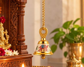 White Enamel Elephant Hanging Bell | Red Gaja Motif Gold Tone Temple Ghanti with Chain for Mandir and Doors | Pooja Room Decor | Diwali Gift