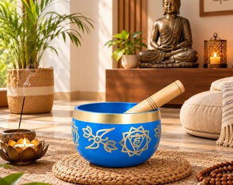 Tigela Tibetana Azul com Baqueta de Madeira | Tigela Sonora para Meditação, Yoga e Atenção Plena | Decoração de Chakra | Presente para Bem-Estar Espiritual