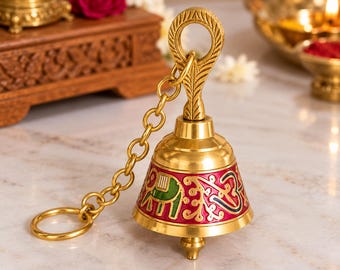 Brass Hanging Bell with Chain | Enamel Elephant Om Temple Bell for Mandir and Front Door | Hindu Pooja Room Decor | Diwali Housewarming Gift