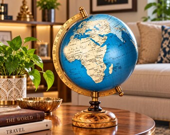 Ocean Blue World Globe 8 Inch | Rotating Desk Globe with Burl Wood Finish Base and Brass Tone Arc | Classroom Decor | Student Gift