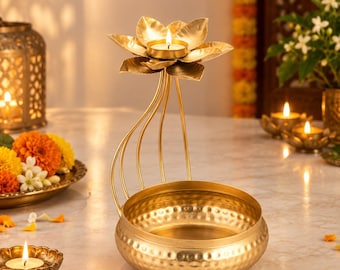 Lotus Tealight Candle Holder with Decorative Bowl | Gold Metal Lotus Diya Stand | Diwali Pooja Home Decor | Festive Table Centerpiece