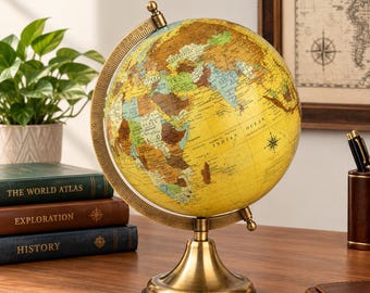 Globo Terrestre Vintage Decorativo | Globo Decorativo com Suporte Dourado | Globo com Mapa Mundi | Decoração para Escritório de Geografia | Exibição em Sala de Estudos | Presente de Viagem