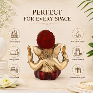 May include: A gold-toned statue of Ganesha viewed from the back, featuring a deep red circular halo and red base. The text reads PERFECT FOR EVERY SPACE, Home Temple, Meditation Room, Living Room, Entrance D&eacute;cor, Office Desk, and Housewarming Gift.