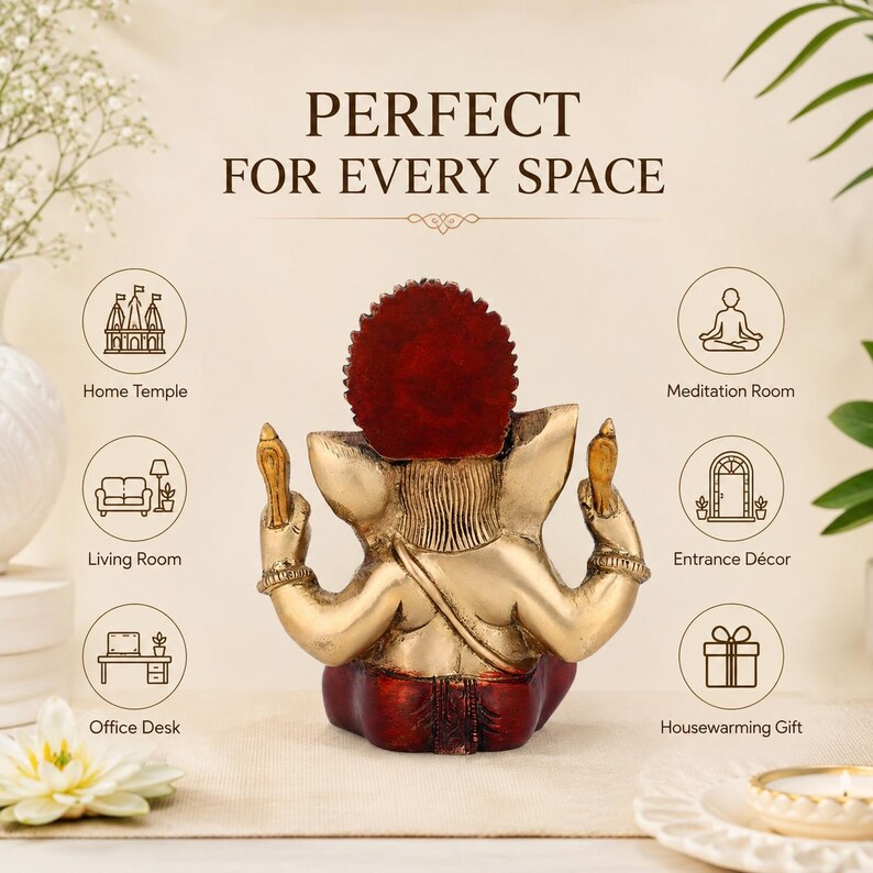 May include: A gold-toned statue of Ganesha viewed from the back, featuring a deep red circular halo and red base. The text reads PERFECT FOR EVERY SPACE, Home Temple, Meditation Room, Living Room, Entrance D&eacute;cor, Office Desk, and Housewarming Gift.