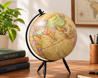 Vintage Style World Globe | Rotating Desk Globe with Black Tripod Stand | Study Office Home Decor | Housewarming Gift for Students & Teacher