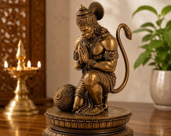 Hanuman Ji Idol | Kneeling Lord Hanuman Statue with Prayer Pose | Antique Bronze Finish Murti for Home Temple, Spiritual Decor & Gifting
