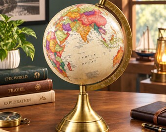 Vintage Style World Globe 8 Inch | Rotating Desk Globe with Golden Metal Stand | Study Office Home Decor | Housewarming Gift for Teachers