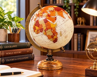 Warm Tone World Globe 8 Inch | Cream and Orange Political Desk Globe with Burl Wood Finish Base | Living Room Decor | Housewarming Gift