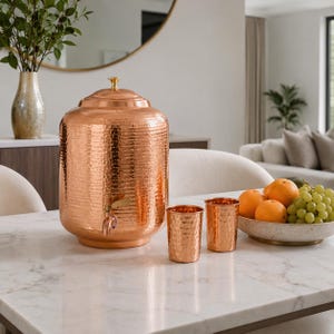Copper Water Dispenser | Hammered Matka Water Container with Pure Copper Glasses | Large Water Storage Pot for Kitchen, Dining & Home Decor