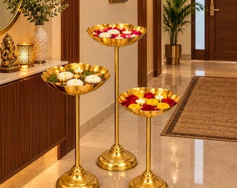 Metal Urli Set of 3 with Lotus Bowls | Decorative Flower Urli Centerpieces | Festive Pooja Decor | Wedding Table Decoration & Home Decor