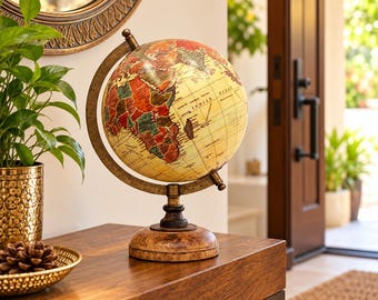Sepia Antique Style World Globe 8 Inch | Parchment Map Desk Globe with Wood Finish Base | Vintage Look Study Decor | Gift for Dad