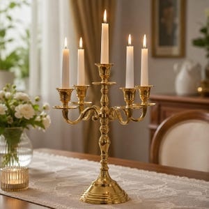 May include: A polished gold-tone metal candelabra featuring five arms arranged in a tiered design. Each arm holds a slender, white taper candle. The central candle is positioned higher than the four surrounding candles, all set on a circular base.