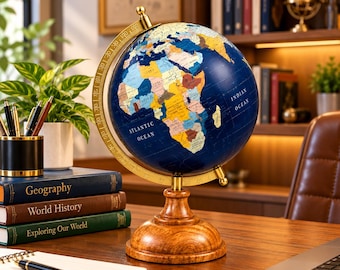 Navy Blue World Globe 8 Inch | Pastel Map Rotating Desk Globe with Wood Finish Base and Gold Arc | Home Office Decor | Gift for Him
