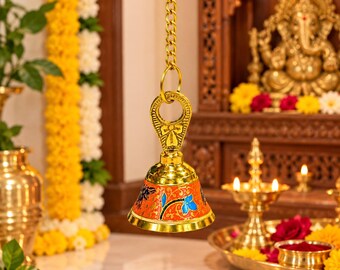 Orange Enamel Temple Bell with Hanging Chain | Blue Floral Painted Gold Tone Ghanti for Home Mandir and Doorway | Festive Decor | Puja Gift