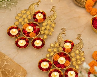 Tigela decorativa em formato de lótus (Urli) | Centro de mesa com suporte para diya em formato de flor dourada | Decoração para puja na sala de estar, mesa de jantar, festivais, casamentos e decoração de casa.