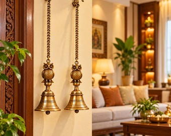 Brass Owl Hanging Bell Set of 2 | Temple Bells with Chain & Decorative Hook | Puja Room Mandir Decor | Door Hanging Bell | Housewarming Gift