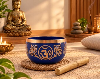 Tigela Tibetana Azul com Baqueta | Tigela Sonora para Meditação | Tigela Om Chakra | Tigela para Cura Sonora de Yoga | Decoração Espiritual para Atenção Plena