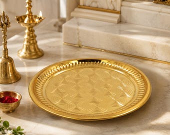 Brass Decorative Plate 8 to 20 Inch | Round Golden Brass Puja Thali | Engraved Pattern Prayer Plate | Large Brass Serving & Home Decor Plate