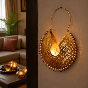 Puede incluir: Un aplique de pared de metal dorado con un intrincado patrón floral cortado a láser y forma semicircular. Los bordes están adornados con un borde decorativo de pequeñas perlas blancas y cuentas de color rojo oscuro, suspendido por un asa.