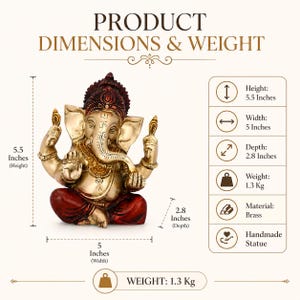 May include: A brass Ganesha statue with red accents, measuring 5.5 inches in height, 5 inches in width, and 2.8 inches in depth, weighing 1.3 Kg. The figure features intricate detailing, a crown, and a seated posture with hands raised in blessing.