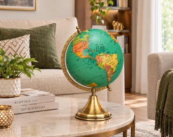 Globo terrestre verde para mesa | Globo geográfico estilo vintage | Globo decorativo com suporte dourado | Decoração para escritório/sala de estudos - Presente para amantes de viagens