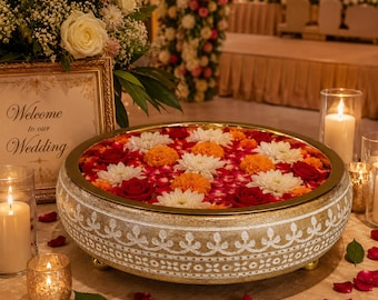 Decorative Urli Bowl | Elegant Floral Pattern Centerpiece | Gold Accent Puja Decor | Dining Table, Festive Decoration, Diya & Flower Display