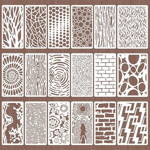 18 Pcs Reusable Texture Stencils, Mixed Size Painting Templates with Crackle, Wood Grain, Waves, Brick Wall & Bubble Patterns for DIY Crafts