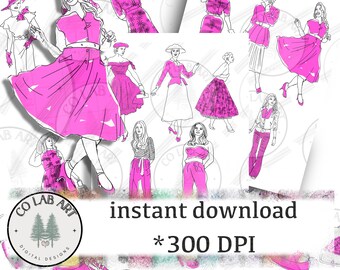84 images vintage fashion in pink, hand-drawn, no AI, collage sheets, ATCs, ACEOs, dresses, fashions, bags, ladies, women
