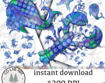 Sea creatures, 66 images, watercolor, hand drawn, collage sheets, ATCS, ACEOS, lobster, jellyfish, coral, shells, octopus, ocean, sea