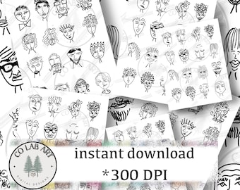 32 B/W DOODLES, collage sheets, collage fodder, ATCS, ACEOs, stickers