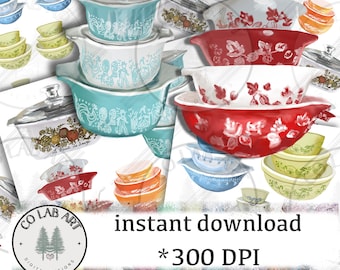 Vintage Pyrex collage sheets, 32 hand drawn images, ATCs, ACEOs, stickers