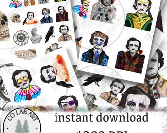 Poe, hand drawn, collage sheets, collage papers, raven, ATCs, ACEOs