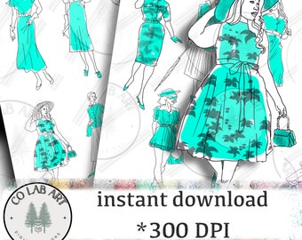 84 images vintage fashion in green, hand-drawn, no AI, collage sheets, ATCs, ACEOs, dresses, fashions, bags, ladies, women