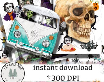 48 Halloween hand-drawn images, no AI, collage sheets, ATCs, ACEOs, stickers, mixed-media, skulls, witches, Frankenstein, scary, zombie
